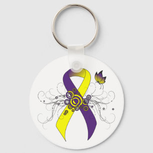 Purple and Yellow Awareness Ribbon with Butterfly Key Ring