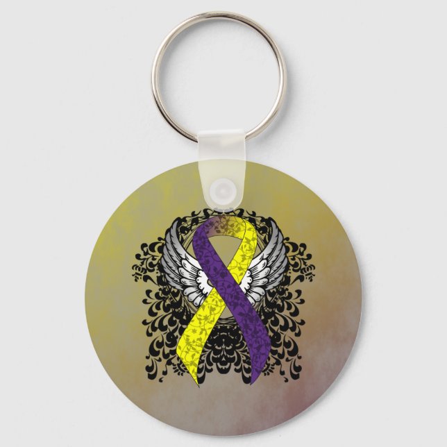 Purple and Yellow Awareness Ribbon with Wings Key Ring (Front)