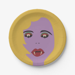Purple and Yellow Bat Eyes Vampire Chick Vintage Paper Plate