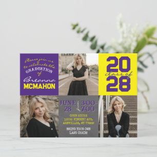 Purple and Yellow Chalkboard 3 Photo Graduation Invitation