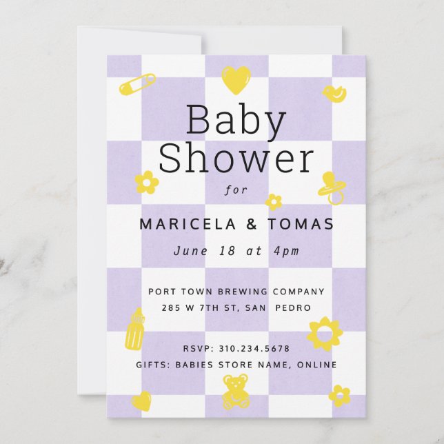 Purple and Yellow Chequered Baby Shower Invitation (Front)