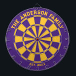 Purple and Yellow Family Dartboard with Darts<br><div class="desc">Purple and golden yellow dart board with two custom text areas. Great wedding gift!</div>