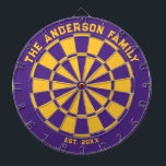 Purple and Yellow Family Dartboard with Darts<br><div class="desc">Purple and golden yellow dart board with two custom text areas. Great wedding gift!</div>