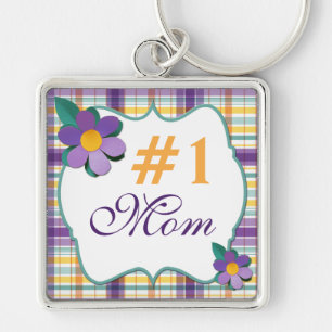 Purple and Yellow Floral on Plaid  #1 Mum Keychain