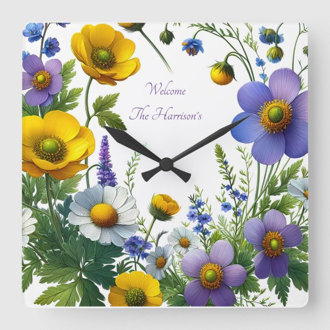 Purple and yellow flower customise text square wall clock (Front)