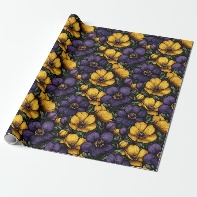 Purple and Yellow Flower Pattern Decoupage Wrapping Paper (Unrolled)