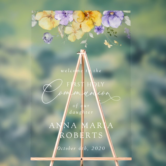 Purple and Yellow Flowers, First Communion Welcome Acrylic Sign (Neutral)