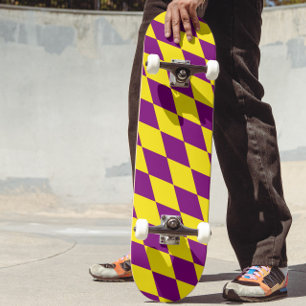 Purple and Yellow Harlequin Checkered Design Skateboard