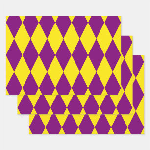 Purple and Yellow Harlequin Checkered Design Wrapping Paper Sheet