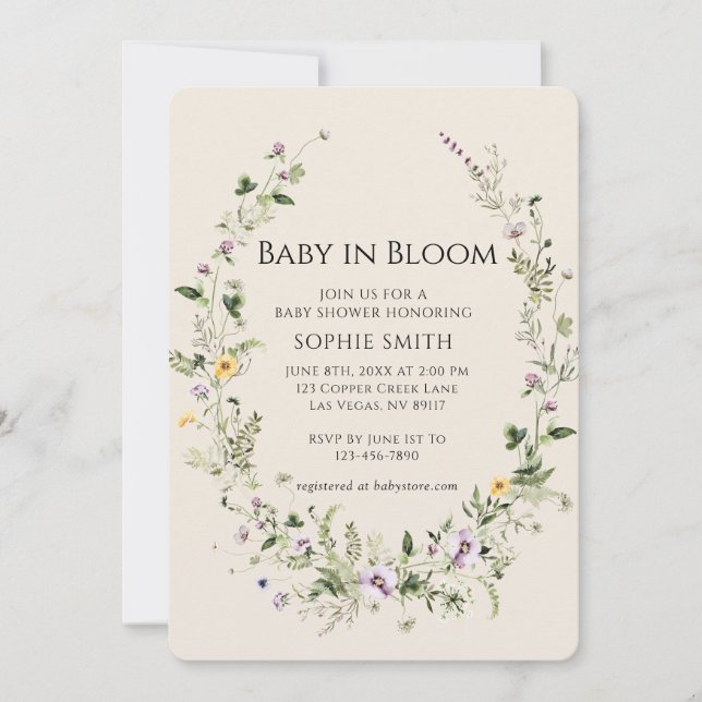 Purple and Yellow Little One In Bloom Baby Shower Invitation (Front)