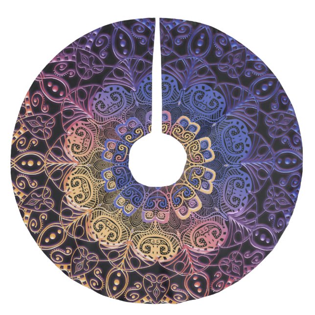 Purple and yellow mandala: hand-drawn design brushed polyester tree skirt (Front)