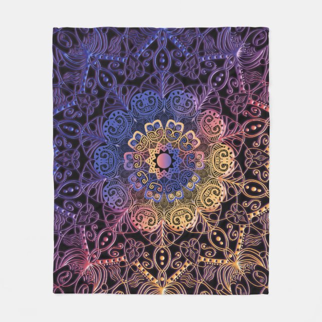 Purple and yellow mandala: hand-drawn design fleece blanket (Front)