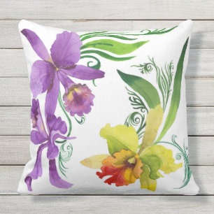 Purple and Yellow Orchid Flowers Watercolour Cushion