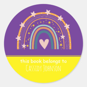 Purple and yellow rainbow kids name  classic round sticker