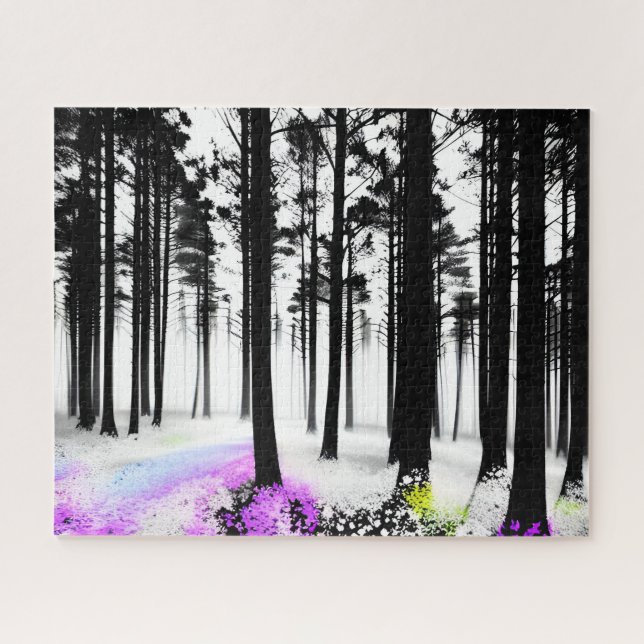 Purple and Yellow Run into Black Silhouette Forest Jigsaw Puzzle (Horizontal)