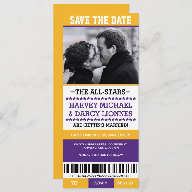 Purple and Yellow Sports Ticket Save the Date Invitation (Front/Back)