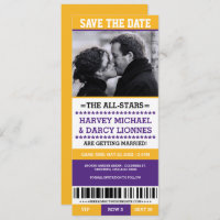 Purple and Yellow Sports Ticket Save the Date