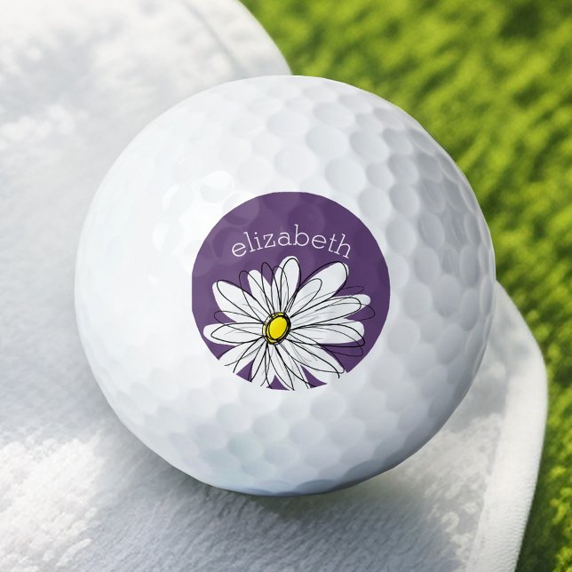 Purple and Yellow Whimsical Daisy Add Name Golf Balls (Add Your Name to this Personalized Golf Ball)