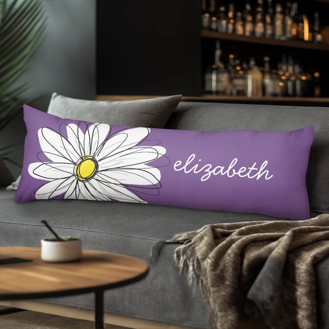 Purple and Yellow Whimsical Daisy Custom Text Body Cushion (Custom Monogram Body Pillow)