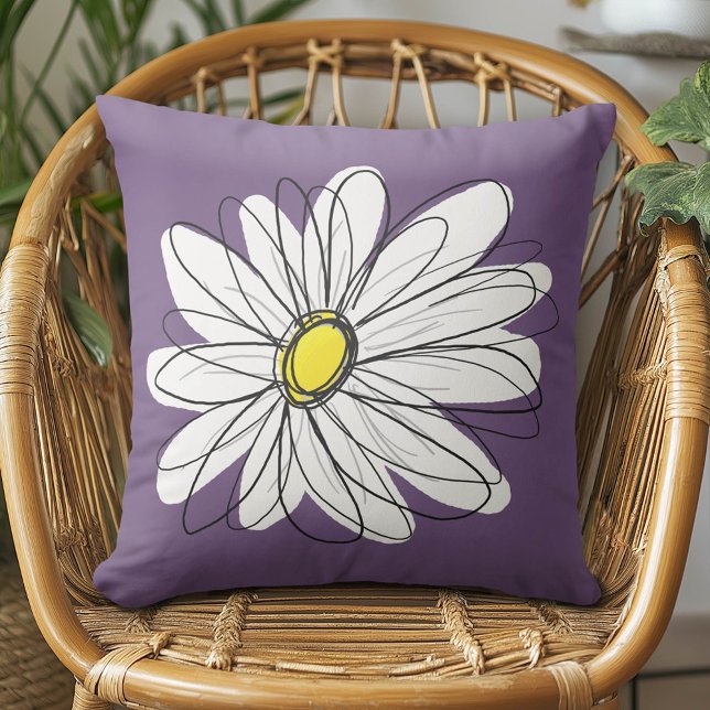 Purple and Yellow Whimsical Daisy Custom Text Cushion (Daisy Pillow)