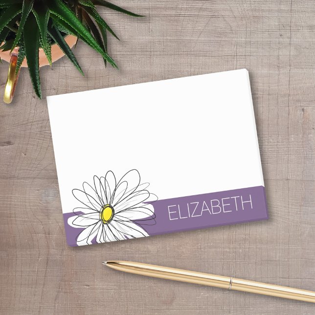 Purple and Yellow Whimsical Daisy Custom Text Post-it Notes (A whimsical daisy post-it note with an area to add your name)