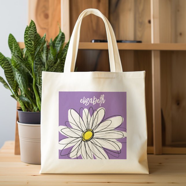 Purple and Yellow Whimsical Daisy Custom Text Tote Bag (Personalized tote bag - whimsical daisy and name)