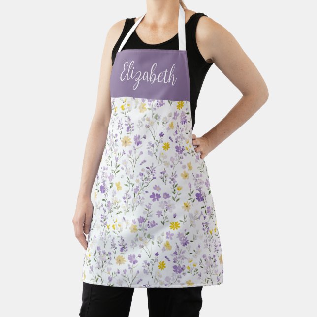 Purple and Yellow Wildflower Pattern Custom Name Apron (Insitu)