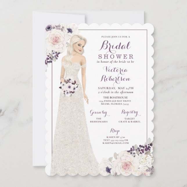 Purple Anemone Bride in Gown Bridal Shower Invitation (Front)