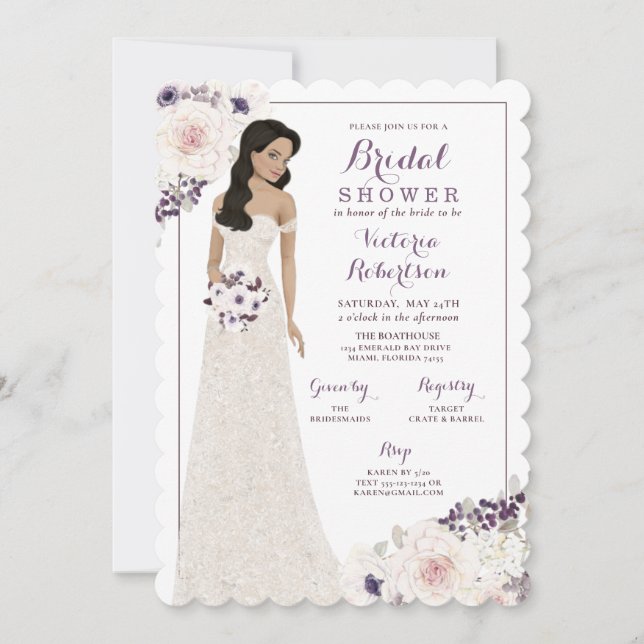 Purple Anemone Bride in Gown Bridal Shower Invitation (Front)