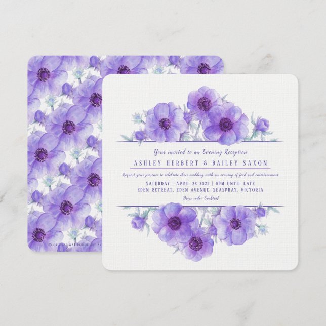 Purple anemone evening reception wedding invites (Front/Back)