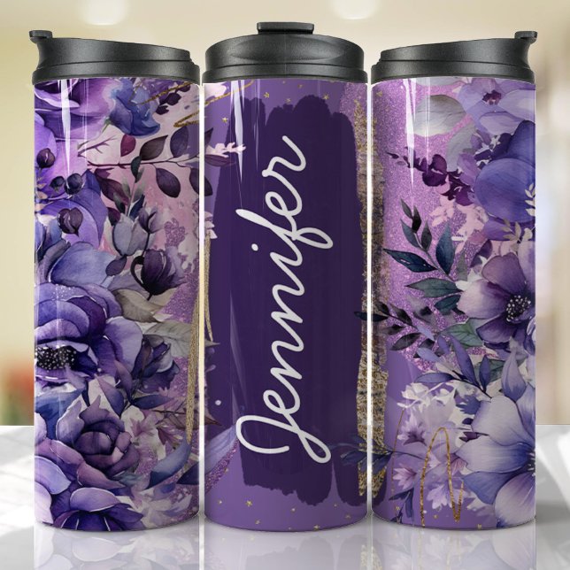 Purple Anemone Floral Add Name Custom Gift Thermal Tumbler (Floral Personalized Tumbler)