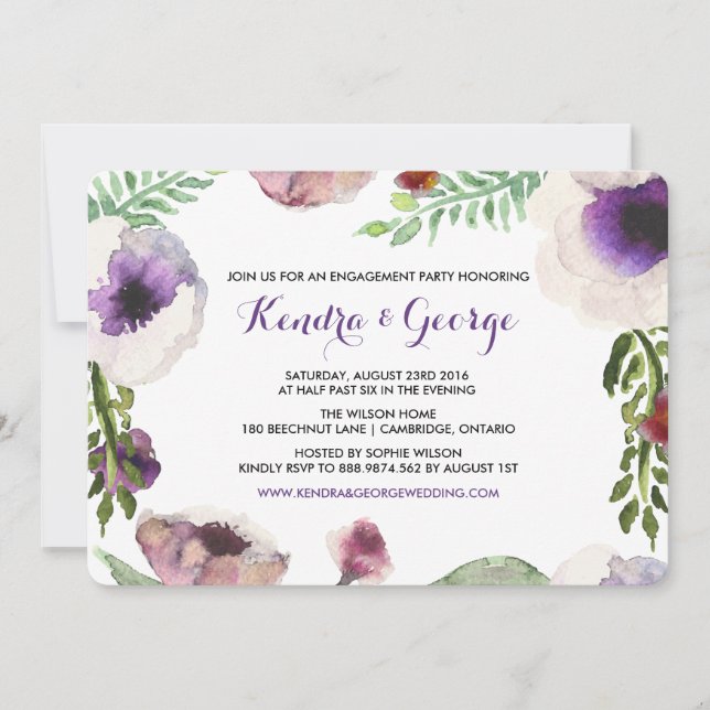Purple Anemone Floral Engagement Party Invitation (Front)