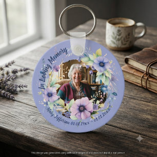 Purple Anemone Floral Memorial Photo Keepsake Key Ring