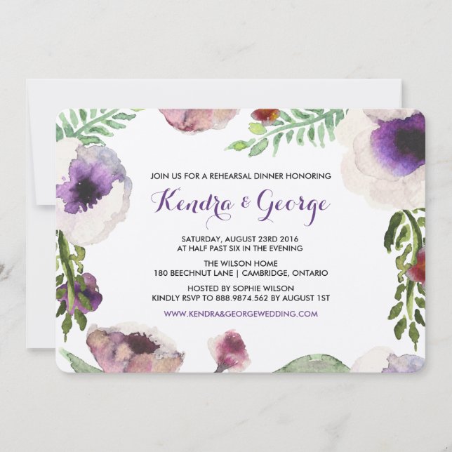 Purple Anemone Floral Rehearsal Dinner Invitation (Front)