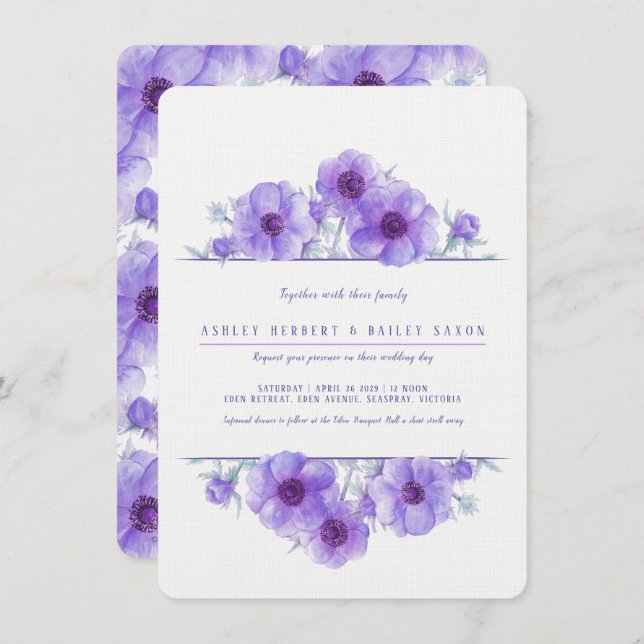 Purple anemone floral watercolor wedding invitation (Front/Back)