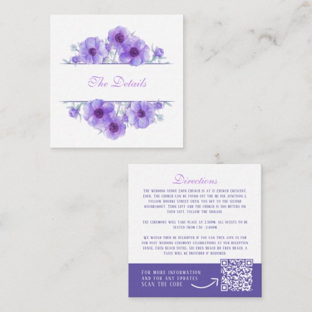 Purple anemone floral wedding details QR code Enclosure Card (Front/Back)