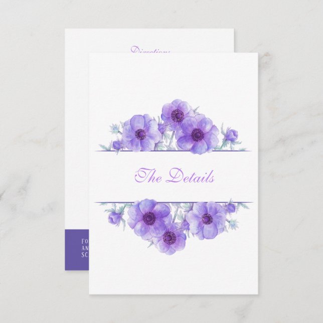 Purple anemone floral wedding details QR code Enclosure Card (Front/Back)