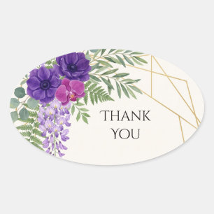 Purple Anemone Geometric Gold Wedding Thank You Oval Sticker