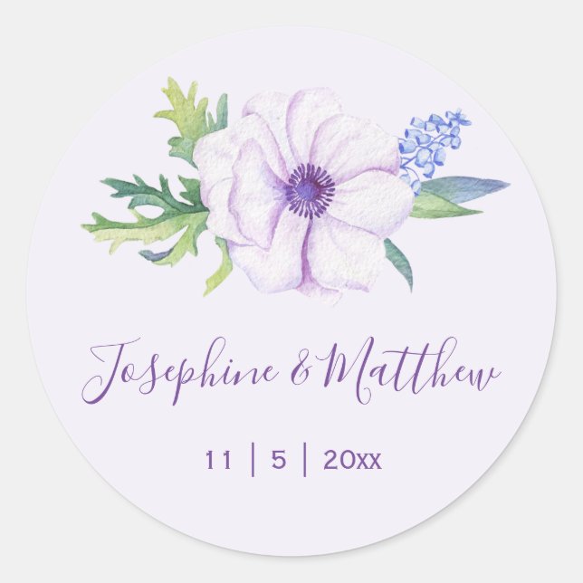 Purple Anemone Hyacinth Spring Wedding Classic Round Sticker (Front)