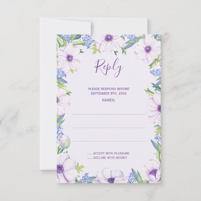Purple Anemone Hyacinth Spring Wedding Reply Cards (Front)