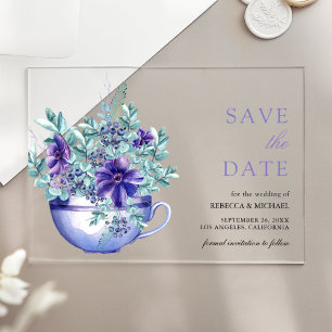 Purple Anemones Tea Cup Wedding Save the Date Acrylic Invitations