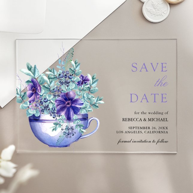 Purple Anemones Tea Cup Wedding Save the Date Acrylic Invitations (Creator Uploaded)
