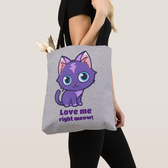 Purple Anime Cat Vector Art Grey Tote Bag (Close Up)