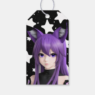 Purple Anime Girl with Fox Ear Headband Birthday  Gift Tags