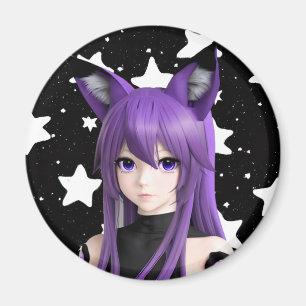 Purple Anime Girl with Fox Ear Headband Birthday  Magnet