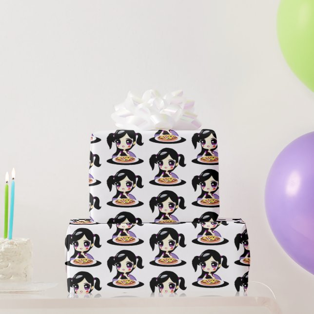 Purple Anime Girl's Pizza Party Birthday Wrapping Paper (Party Gifts)