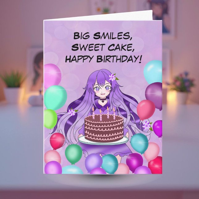 Purple Anime Teenager Holding Birthday Cake Card (Creator Uploaded)