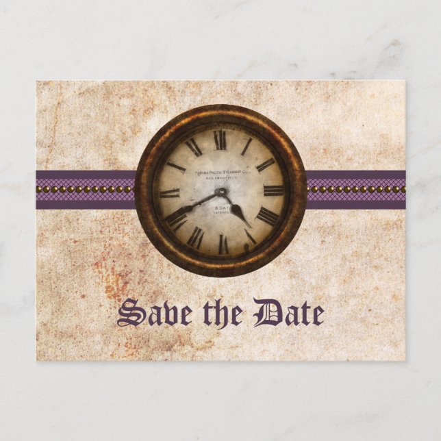 Purple Antique Clock Save the Date Postcard (Front)