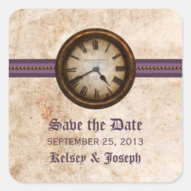 Purple Antique Save the Date Stickers (Front)