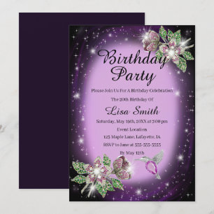 Purple Any Age Bling Floral Bird Birthday Invitation